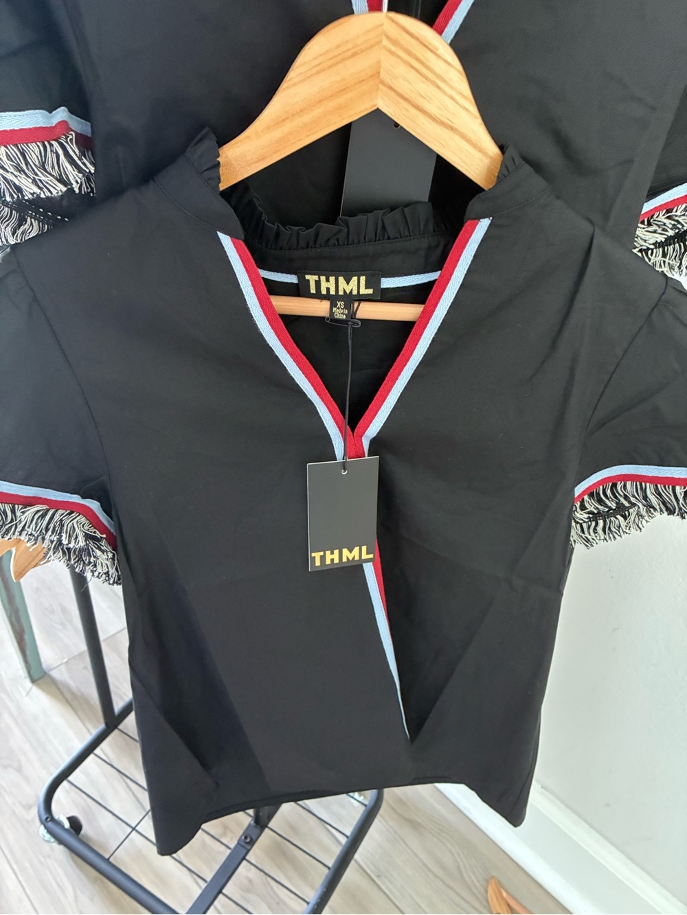 THML Black Top with Red and Light Blue Trim and Fringe Sleeves